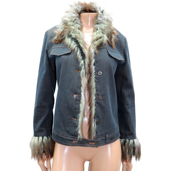 Y2K Jex Collection Denim Jacket Faux Fur Trim M-L - Picture 1 of 9